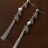Ethereal Clear Quartz & Natural Pearl Tassel Earrings - Minimalist Long Dangle Drop Ear Pieces - floysun