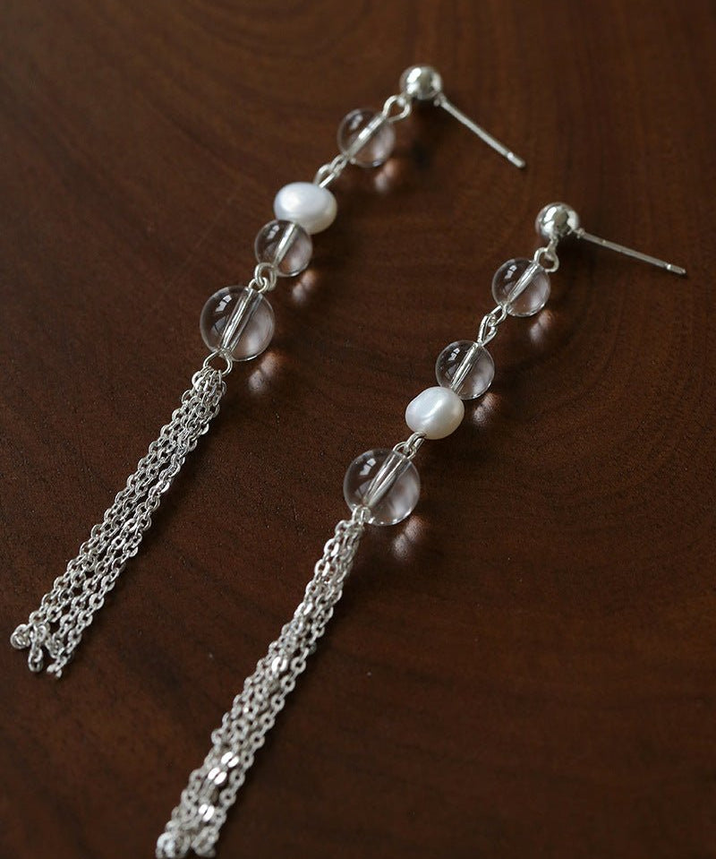 Ethereal Clear Quartz & Natural Pearl Tassel Earrings - Minimalist Long Dangle Drop Ear Pieces - floysun