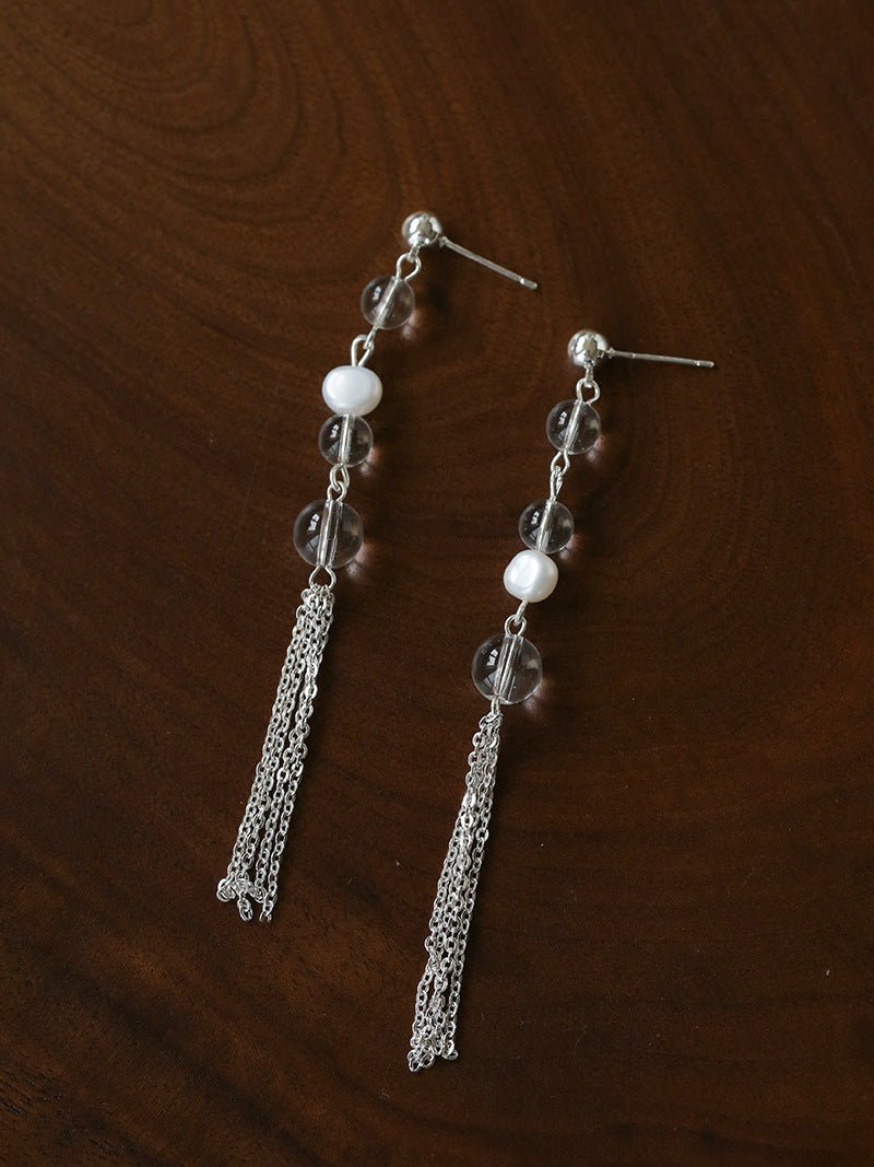 Ethereal Clear Quartz & Natural Pearl Tassel Earrings - Minimalist Long Dangle Drop Ear Pieces - floysun