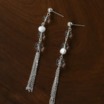 Ethereal Clear Quartz & Natural Pearl Tassel Earrings - Minimalist Long Dangle Drop Ear Pieces - floysun