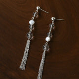 Ethereal Clear Quartz & Natural Pearl Tassel Earrings - Minimalist Long Dangle Drop Ear Pieces - floysun