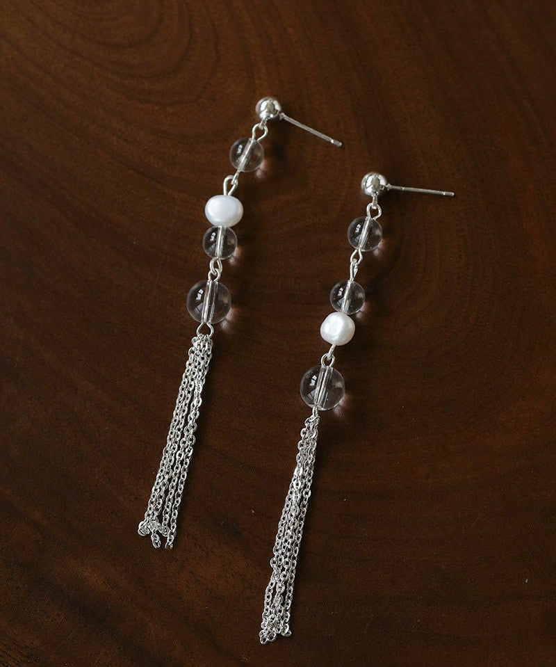 Ethereal Clear Quartz & Natural Pearl Tassel Earrings - Minimalist Long Dangle Drop Ear Pieces - floysun