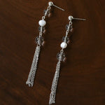 Ethereal Clear Quartz & Natural Pearl Tassel Earrings - Minimalist Long Dangle Drop Ear Pieces - floysun