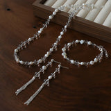Ethereal Clear Quartz & Natural Pearl Tassel Earrings - Minimalist Long Dangle Drop Ear Pieces - floysun