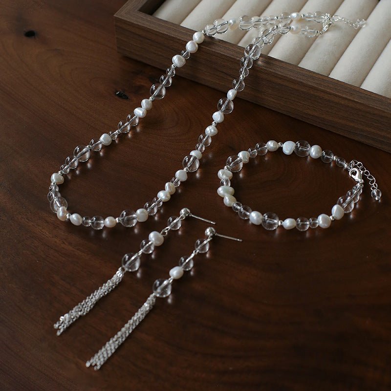Ethereal Clear Quartz & Natural Pearl Tassel Earrings - Minimalist Long Dangle Drop Ear Pieces - floysun