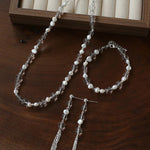 Ethereal Clear Quartz & Natural Pearl Tassel Earrings - Minimalist Long Dangle Drop Ear Pieces - floysun