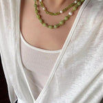 Ethereal Glow - Natural Peridot Chips & Pearl Choker Necklace - floysun
