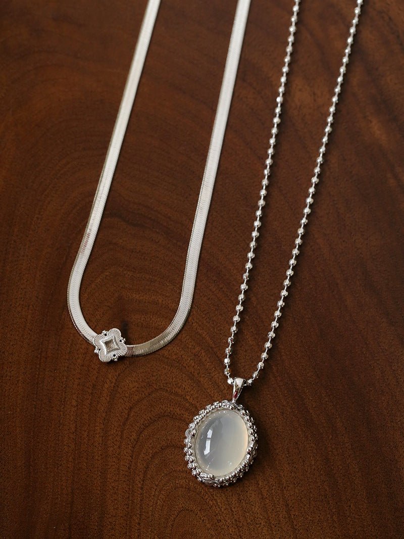 Ethereal Natural White Chalcedony Oval Pendant Necklace - Handcrafted S925 Sterling Silver Beaded Chain Choker - floysun