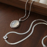 Ethereal Natural White Chalcedony Oval Pendant Necklace - Handcrafted S925 Sterling Silver Beaded Chain Choker - floysun