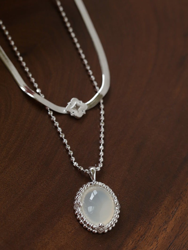 Ethereal Natural White Chalcedony Oval Pendant Necklace - Handcrafted S925 Sterling Silver Beaded Chain Choker - floysun