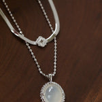 Ethereal Natural White Chalcedony Oval Pendant Necklace - Handcrafted S925 Sterling Silver Beaded Chain Choker - floysun