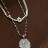 Ethereal Natural White Chalcedony Oval Pendant Necklace - Handcrafted S925 Sterling Silver Beaded Chain Choker - floysun