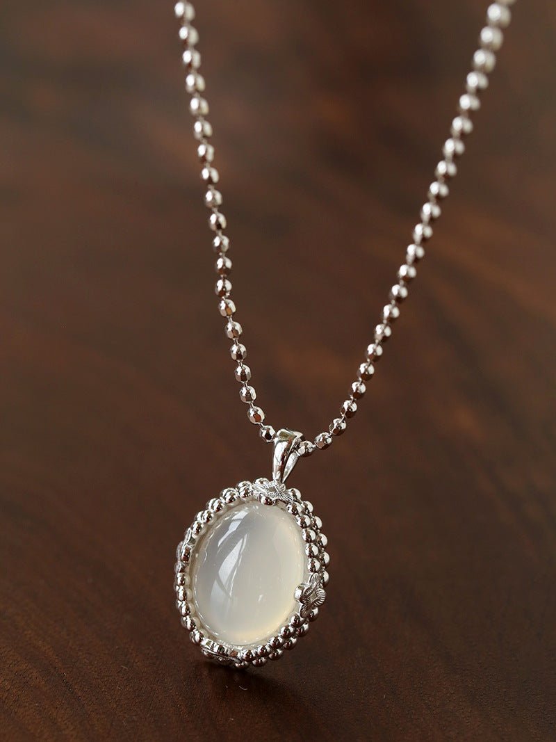 Ethereal Natural White Chalcedony Oval Pendant Necklace - Handcrafted S925 Sterling Silver Beaded Chain Choker - floysun