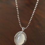 Ethereal Natural White Chalcedony Oval Pendant Necklace - Handcrafted S925 Sterling Silver Beaded Chain Choker - floysun