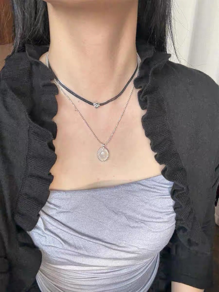 Ethereal Natural White Chalcedony Oval Pendant Necklace - Handcrafted S925 Sterling Silver Beaded Chain Choker - floysun