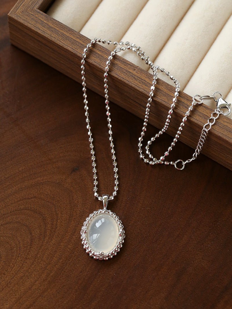 Ethereal Natural White Chalcedony Oval Pendant Necklace - Handcrafted S925 Sterling Silver Beaded Chain Choker - floysun