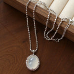 Ethereal Natural White Chalcedony Oval Pendant Necklace - Handcrafted S925 Sterling Silver Beaded Chain Choker - floysun