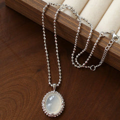 Ethereal Natural White Chalcedony Oval Pendant Necklace - Handcrafted S925 Sterling Silver Beaded Chain Choker - floysun