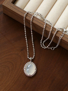 Ethereal Natural White Chalcedony Oval Pendant Necklace - Handcrafted S925 Sterling Silver Beaded Chain Choker - floysun