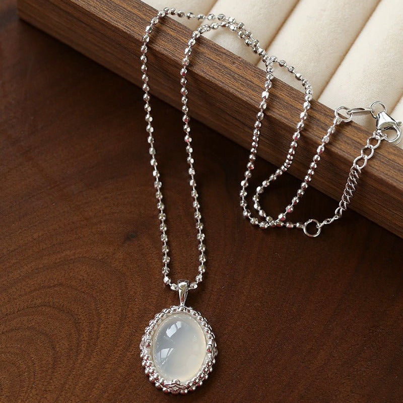 Ethereal Natural White Chalcedony Oval Pendant Necklace - Handcrafted S925 Sterling Silver Beaded Chain Choker - floysun