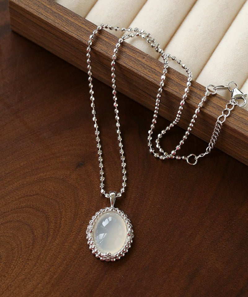 Ethereal Natural White Chalcedony Oval Pendant Necklace - Handcrafted S925 Sterling Silver Beaded Chain Choker - floysun