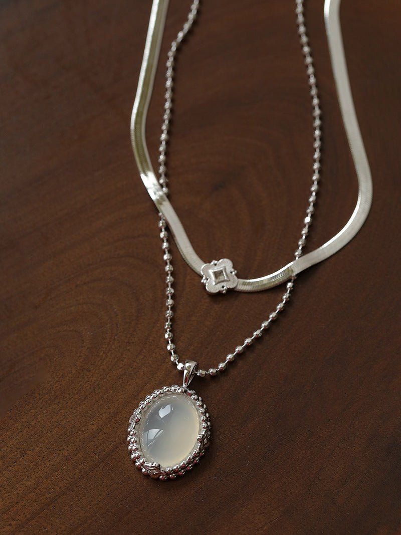 Ethereal Natural White Chalcedony Oval Pendant Necklace - Handcrafted S925 Sterling Silver Beaded Chain Choker - floysun