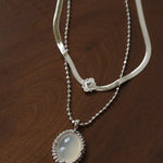Ethereal Natural White Chalcedony Oval Pendant Necklace - Handcrafted S925 Sterling Silver Beaded Chain Choker - floysun