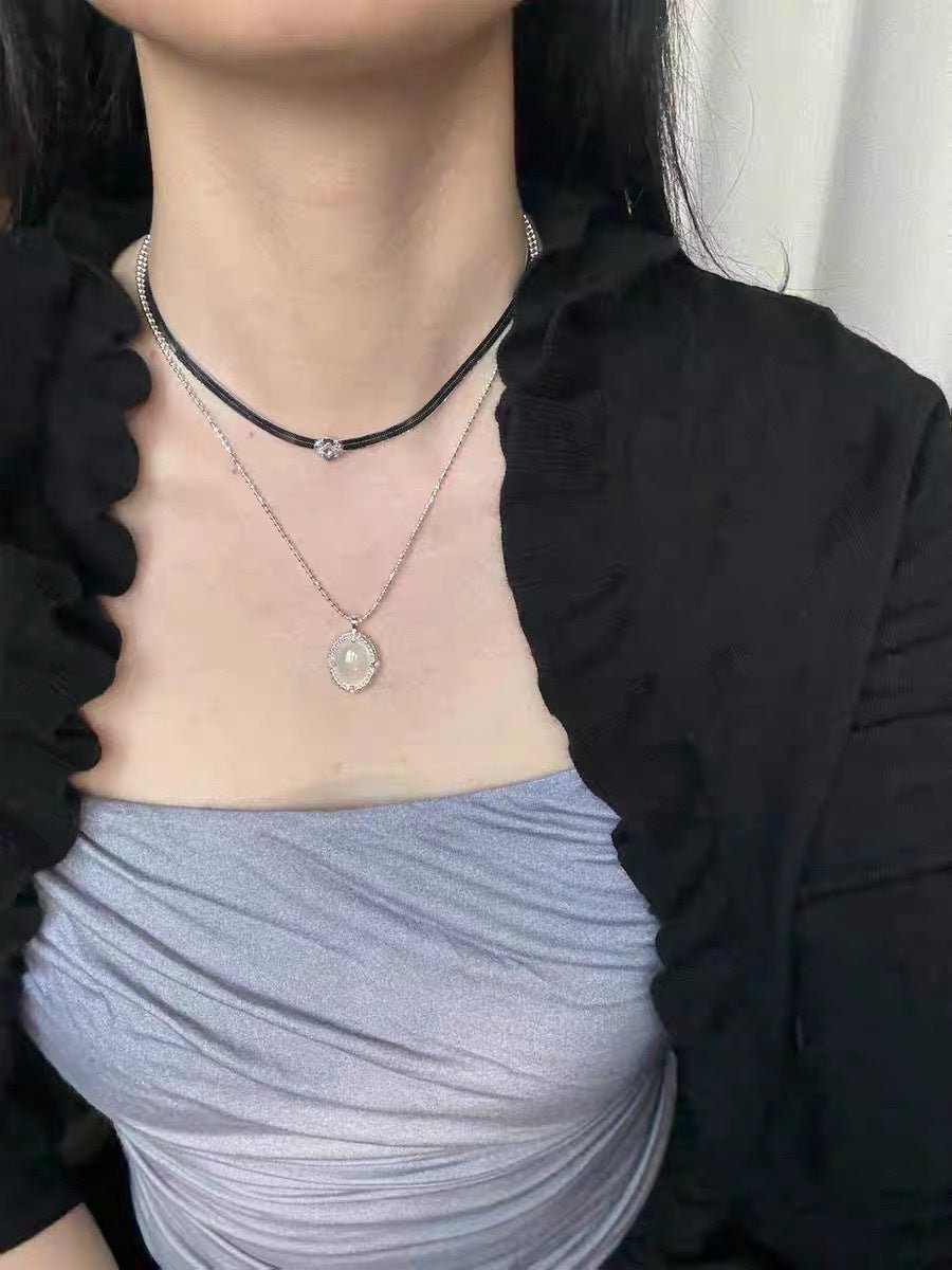 Ethereal Natural White Chalcedony Oval Pendant Necklace - Handcrafted S925 Sterling Silver Beaded Chain Choker - floysun