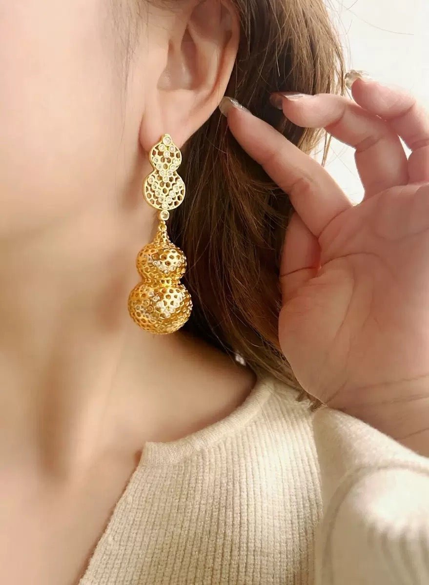 Exaggerated Hollow Gourd “A Hundred Blessings” Earrings - floysun