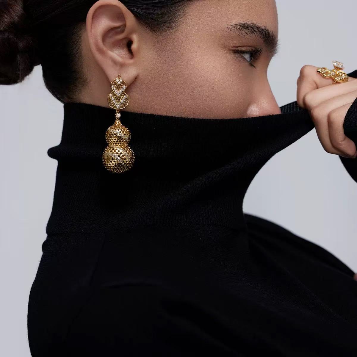 Exaggerated Hollow Gourd “A Hundred Blessings” Earrings - floysun