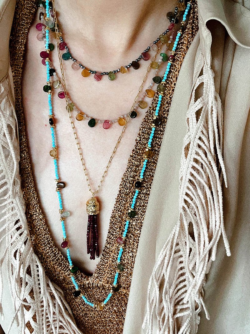 Exclusive Semi - Luxury Turquoise & Rainbow Tourmaline Long Necklace - floysun
