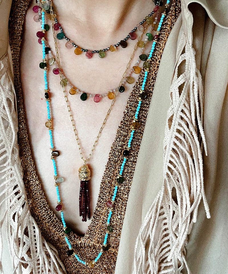 Exclusive Semi - Luxury Turquoise & Rainbow Tourmaline Long Necklace - floysun
