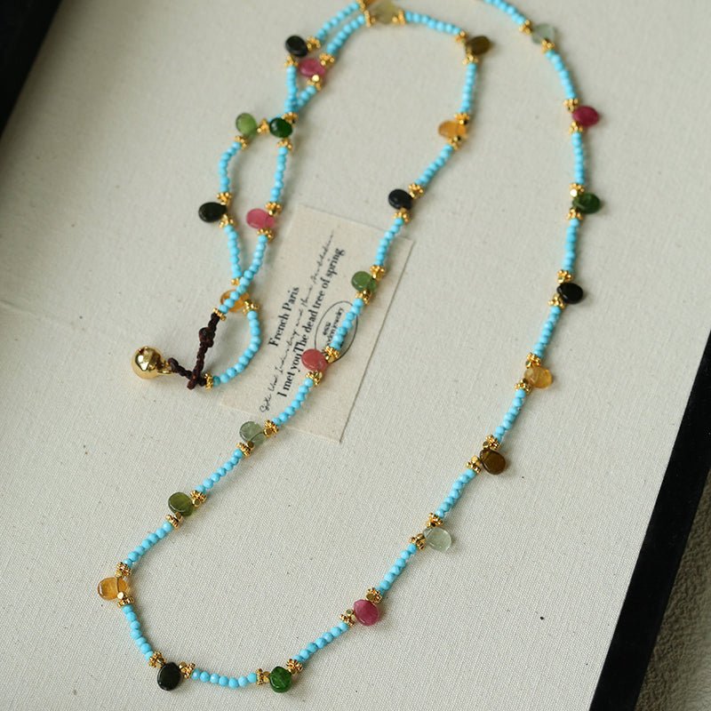 Exclusive Semi - Luxury Turquoise & Rainbow Tourmaline Long Necklace - floysun