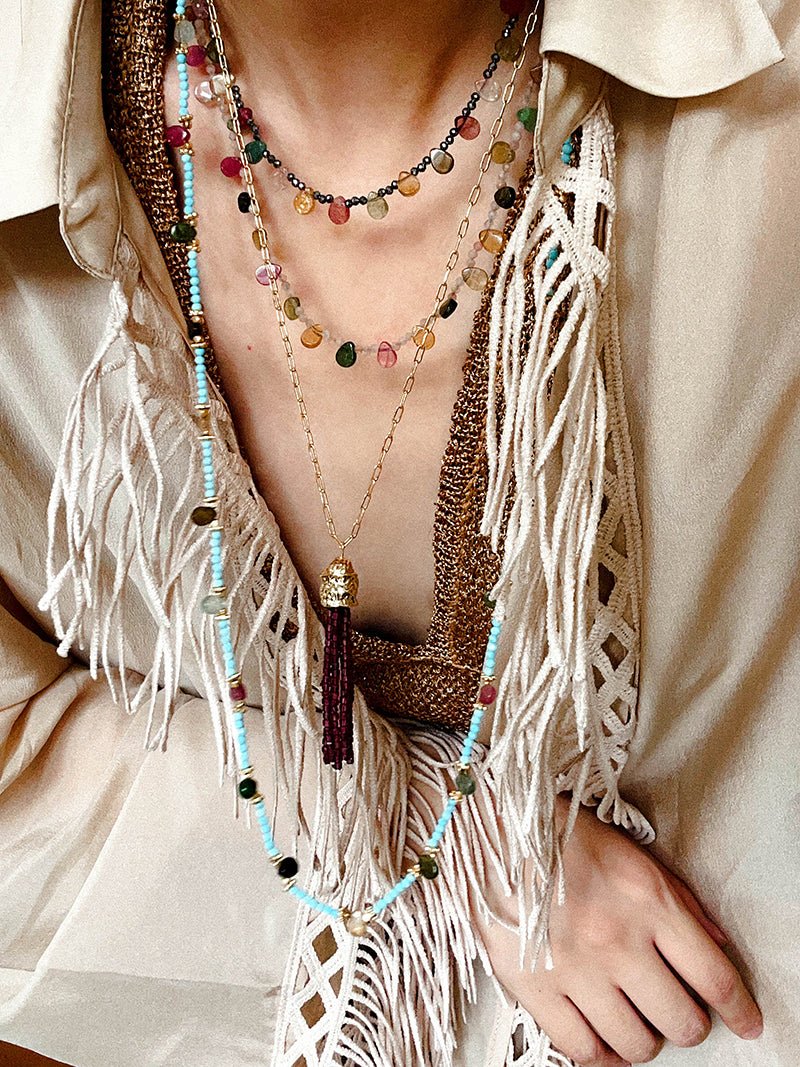 Exclusive Semi - Luxury Turquoise & Rainbow Tourmaline Long Necklace - floysun