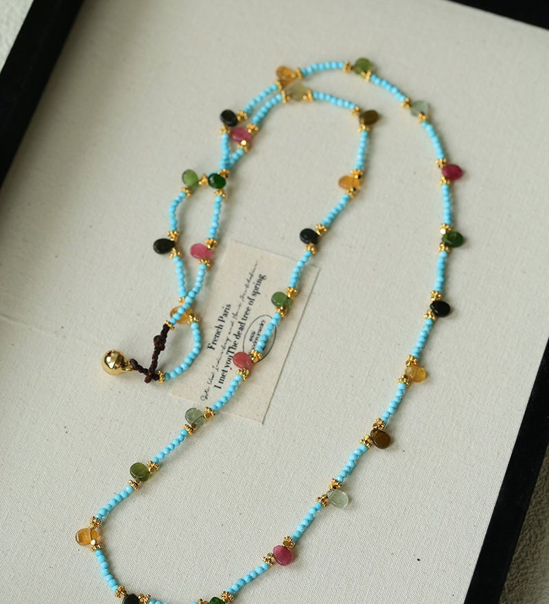 Exclusive Semi - Luxury Turquoise & Rainbow Tourmaline Long Necklace - floysun