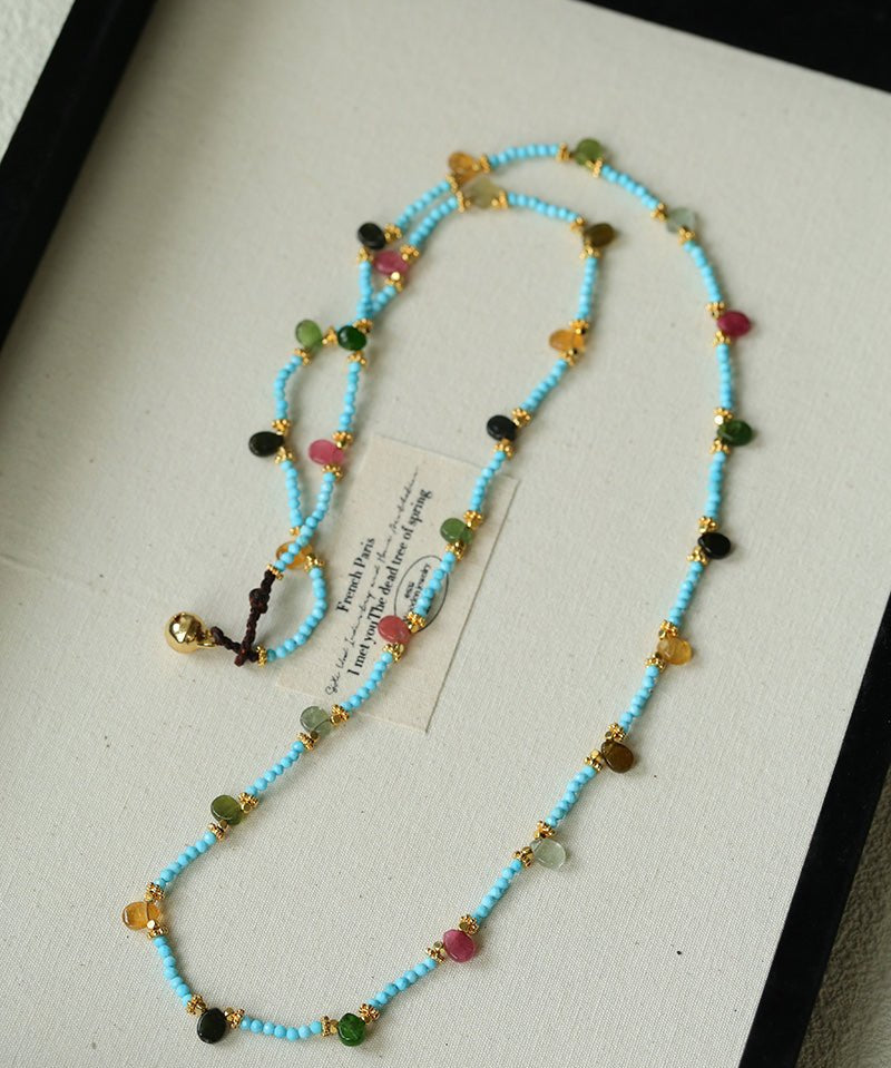 Exclusive Semi - Luxury Turquoise & Rainbow Tourmaline Long Necklace - floysun