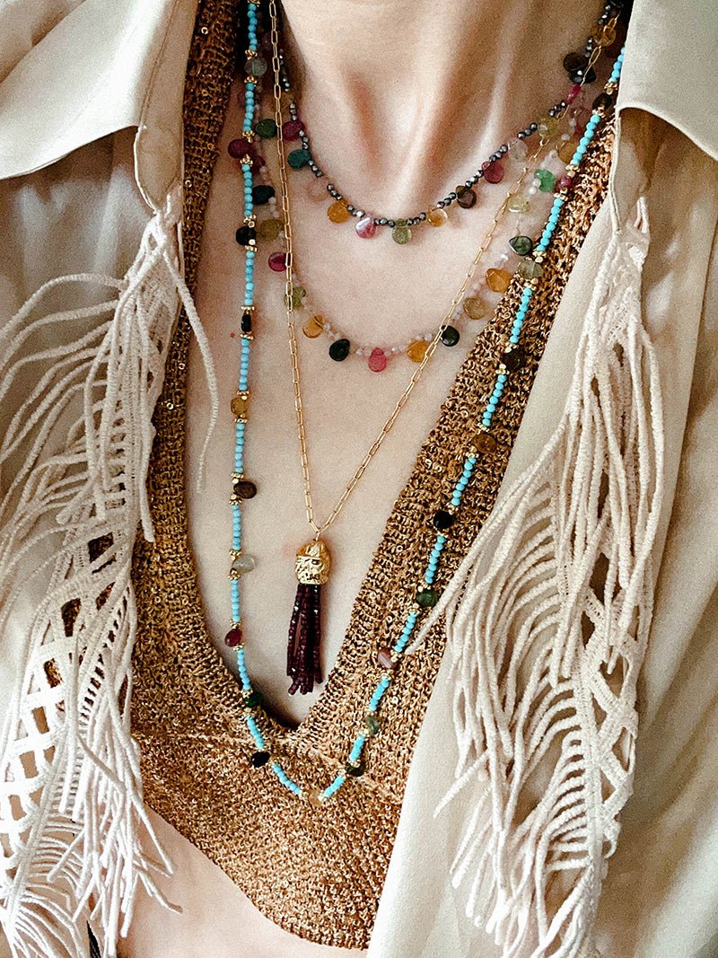 Exclusive Semi - Luxury Turquoise & Rainbow Tourmaline Long Necklace - floysun