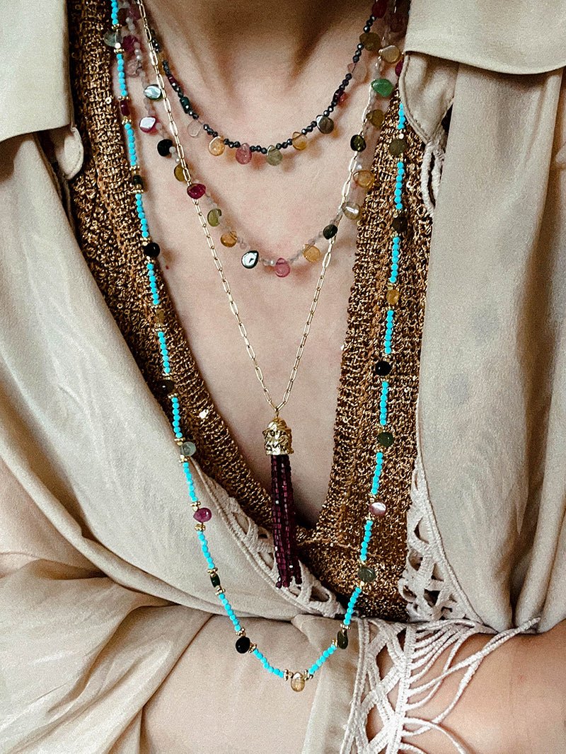 Exclusive Semi - Luxury Turquoise & Rainbow Tourmaline Long Necklace - floysun