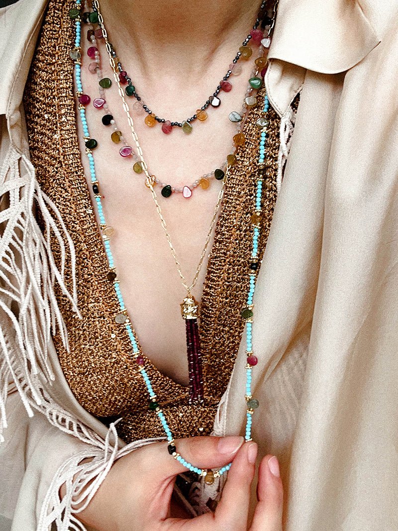 Exclusive Semi - Luxury Turquoise & Rainbow Tourmaline Long Necklace - floysun