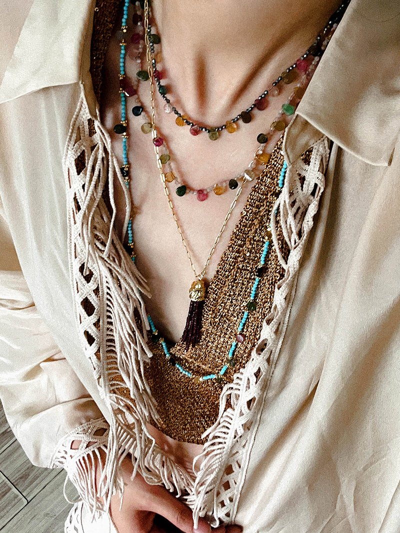 Exclusive Semi - Luxury Turquoise & Rainbow Tourmaline Long Necklace - floysun