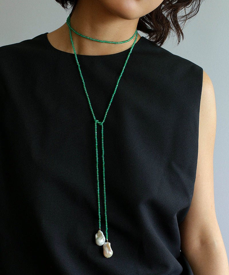 Extra-Long Green Agate Lariat Necklace with Baroque Pearl Ends - floysun