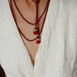 Extra - Long Mini Gemstone Bead Necklace with Lucky Charm Beads – Coral Beads - floysun