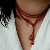 Extra - Long Mini Gemstone Bead Necklace with Lucky Charm Beads – Coral Beads - floysun