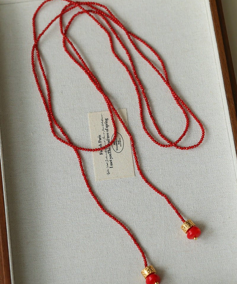 Extra - Long Mini Gemstone Bead Necklace with Lucky Charm Beads – Coral or Gold Ore Option - floysun