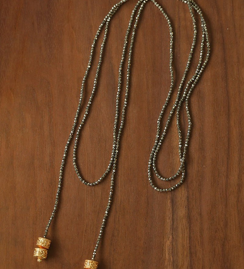 Extra - Long Mini Gemstone Bead Necklace with Lucky Charm Beads – Coral or Gold Ore Option - floysun