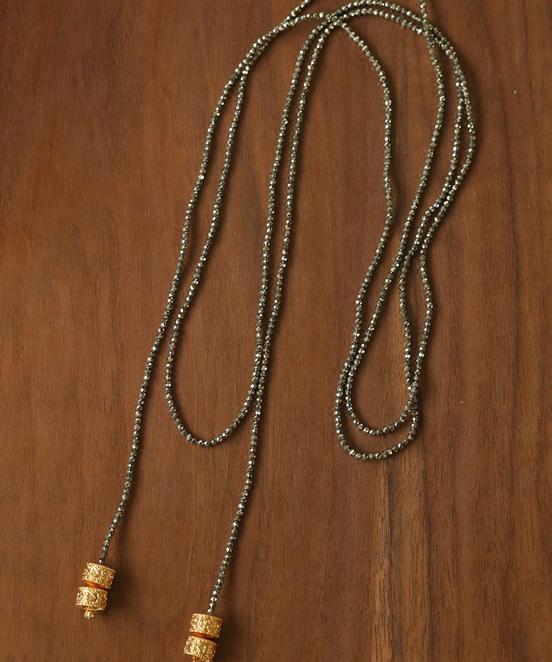 Extra - Long Mini Gemstone Bead Necklace with Lucky Charm Beads – Coral or Gold Ore Option - floysun