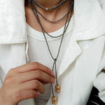 Extra - Long Mini Gemstone Bead Necklace with Lucky Charm Beads –Gold Ore - floysun