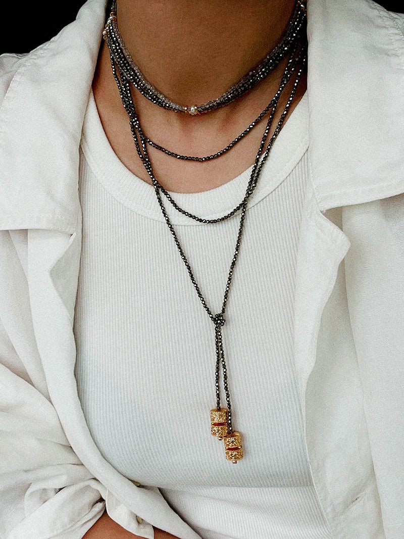Extra - Long Mini Gemstone Bead Necklace with Lucky Charm Beads –Gold Ore - floysun