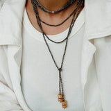 Extra - Long Mini Gemstone Bead Necklace with Lucky Charm Beads –Gold Ore - floysun