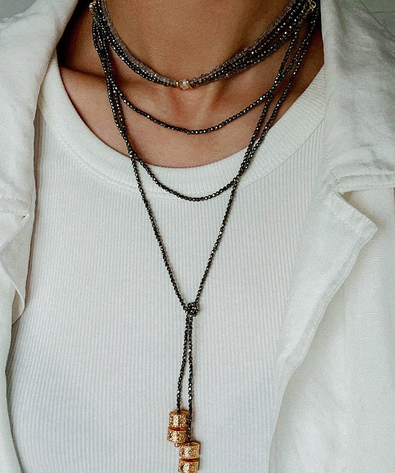 Extra - Long Mini Gemstone Bead Necklace with Lucky Charm Beads –Gold Ore - floysun